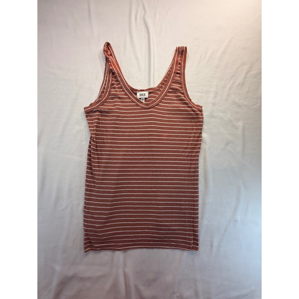 BKE Women Tank Top Large Rust Orange White Striped Ribbed V-Neck Sleeveless L